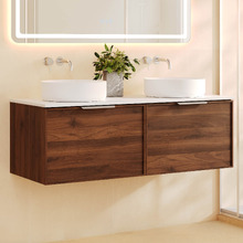 Olomana 1200mm Walnut Woodmatt Wall Hung Double Vanity with Stone Countertop